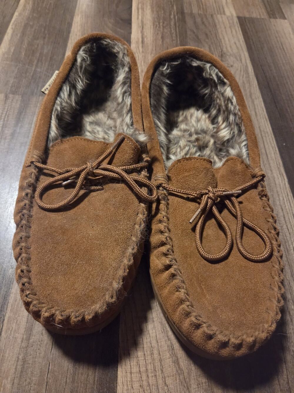Bearpaw Men's Brown Suede Moccasin Slippers Faux Fur Lined Slip On US 12